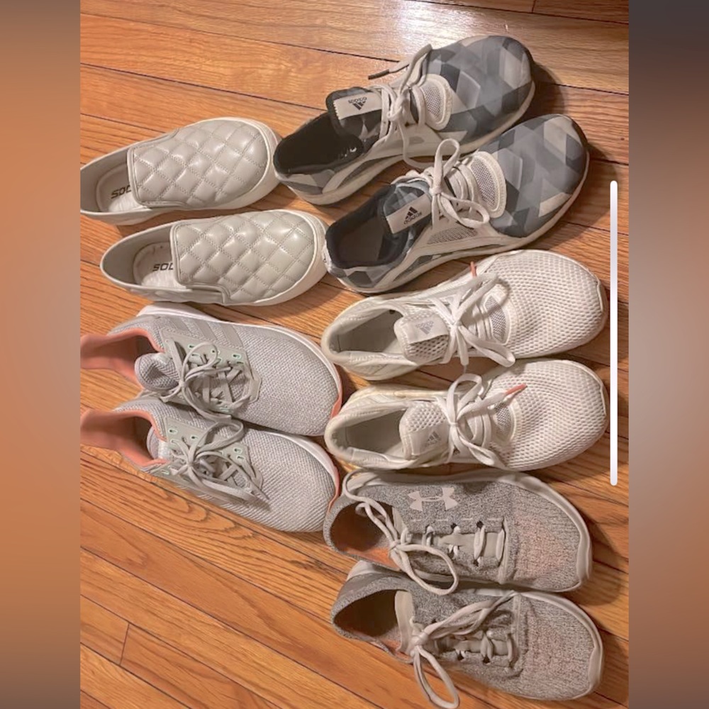 Lot of 5 pairs of tennis shoes. 3 Adidas 1 under armour 1 soda. All size 8.